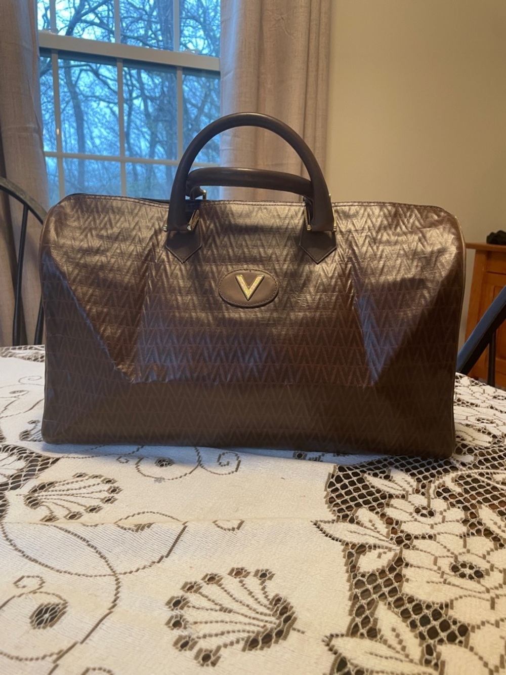 Valentino Boston Bag Brown Travel Duffle with V Emblem